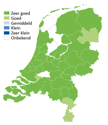 Kaart van Nederland met kleurtjes kans op werk in de beveiliging