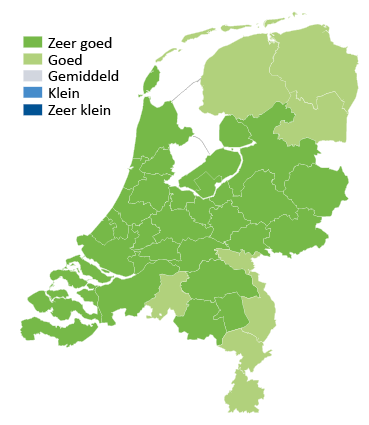 Kaart van Nederland met kleurtjes kans op werk in het onderwijs