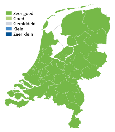 Kaart van Nederland met kleurtjes kans op werk in de zorg