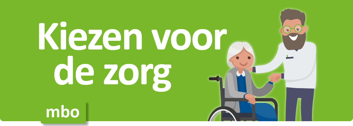 Vrouw in rolstoel met hulpverlener - tekst: Kiezen voor de zorg mbo